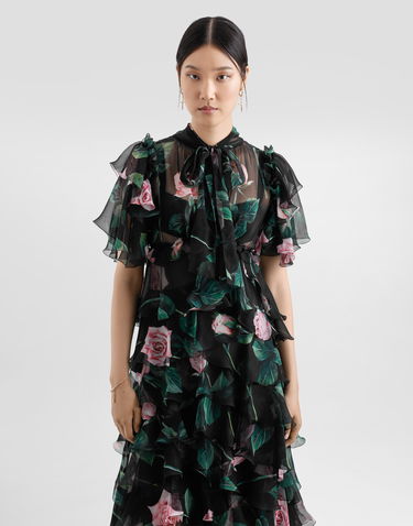 Kjole Dolce & Gabbana Dolce & Gabbana Rose Print Chiffon Calf-Length Dress with Ruffles Sort | F6B3ITIS1XAHN5IZ, 3