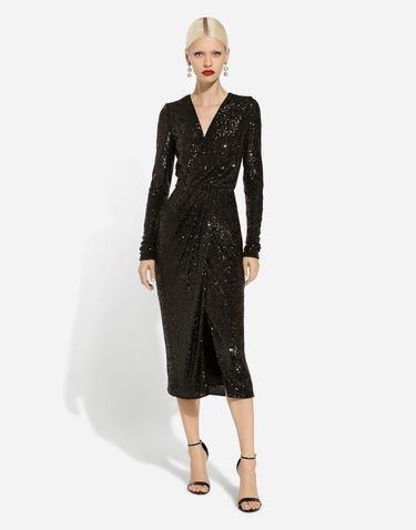 Kjole Dolce & Gabbana Sequin Calf-Length Dress Sort | F6DHFTFLUBWN0000, 1