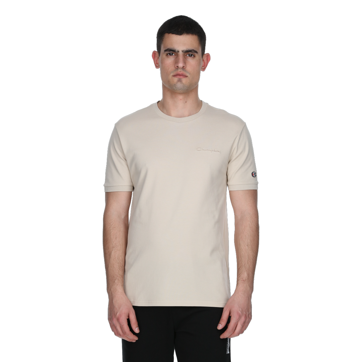T-shirt Champion Crewneck T-Shirt with Embroidered Script Logo and Sleeve Logo Beige | 221483-MS073, 0