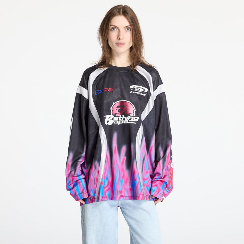 Jersey BAPE A BATHING APE Flame Pattern Relaxed Fit Football Jersey Sort | 001LTL301310MBLK