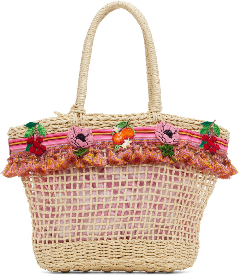 Mulepose Anna Sui Anna Sui Raffia Tassel Tote Bag with Fruit Embroidery Beige | 225A92
