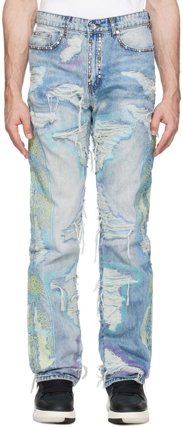 Jeans Who Decides War Embroidered Distressed Studded Washed-Effect Jeans Flerfarvet | 1120830030SS24