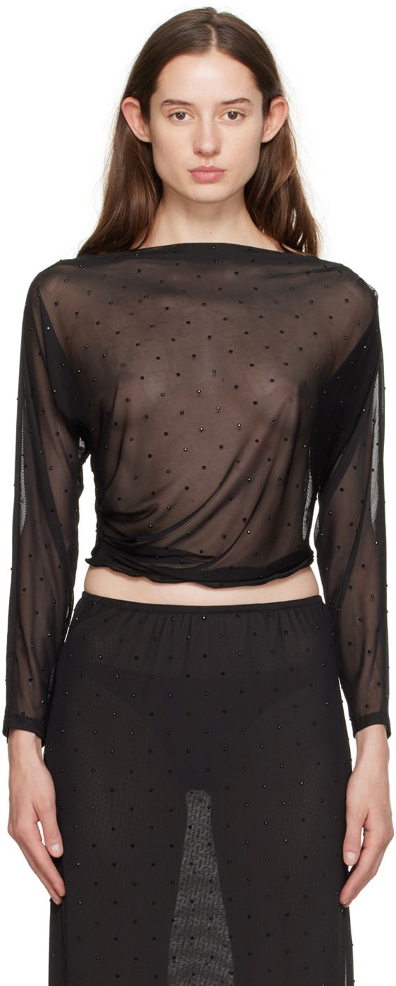 Crop top Anna Sui Anna Sui Rhinestone Mesh Long Sleeve Top Sort | 1024F22