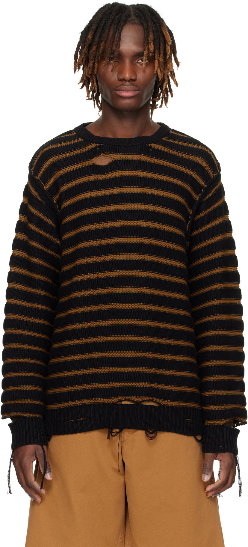 Sweater Maison Margiela MM6 Maison Margiela Striped Distressed Cotton Knit Sweater Sort | SH0HL0022 M13080