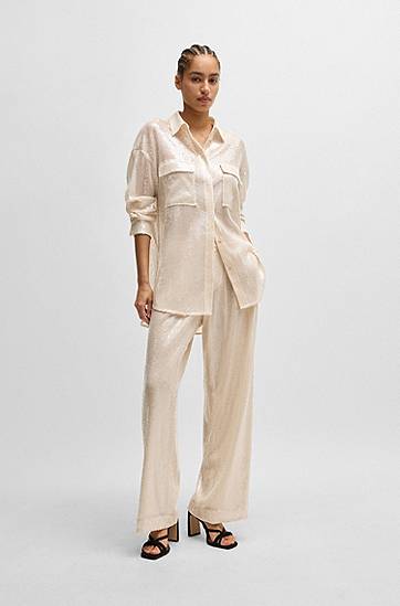 Skjorte BOSS Relaxed-Fit Sequin Blouse with Point Collar Beige | 50524263, 1