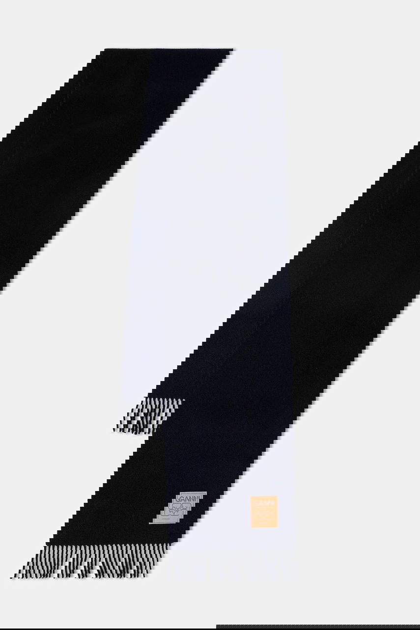 Tørklæde GANNI Double Face Wool Solid Fringed Scarf Mørkeblå | A6931, 0
