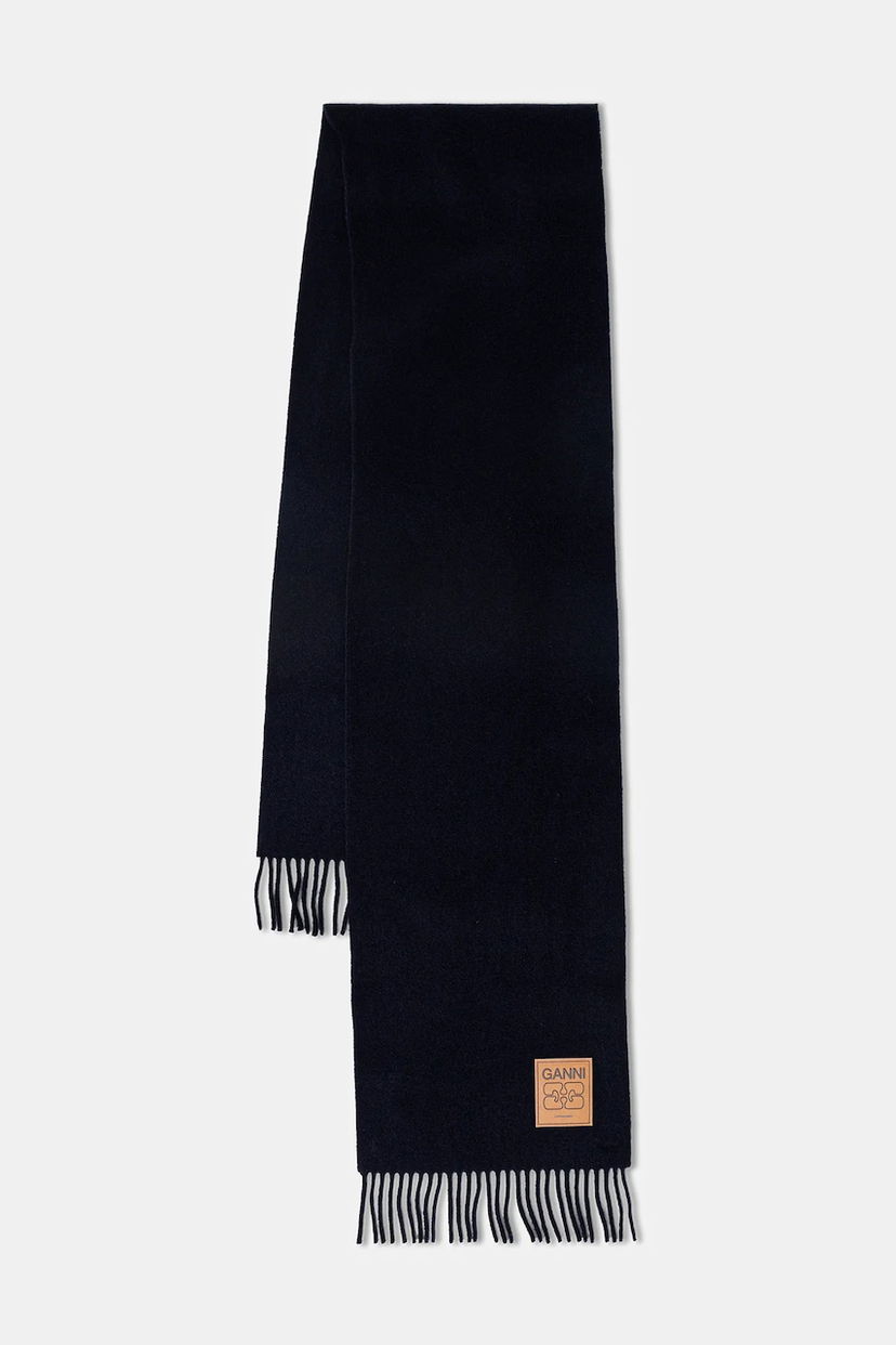 Tørklæde GANNI Double Face Wool Solid Fringed Scarf Mørkeblå | A6931