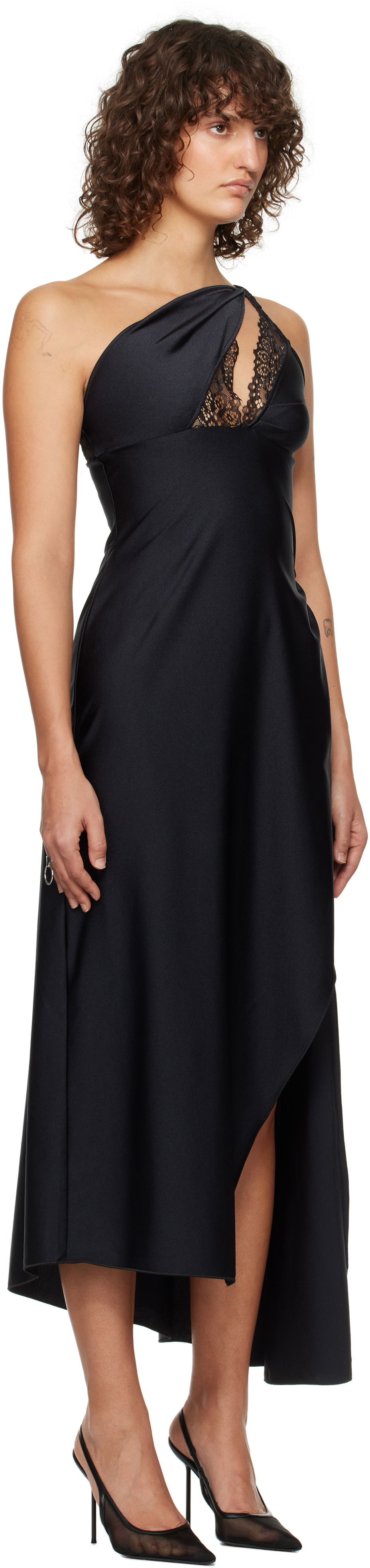 Kjole Coperni Asymmetric Lace Midi Dress Sort | COPR135545, 1