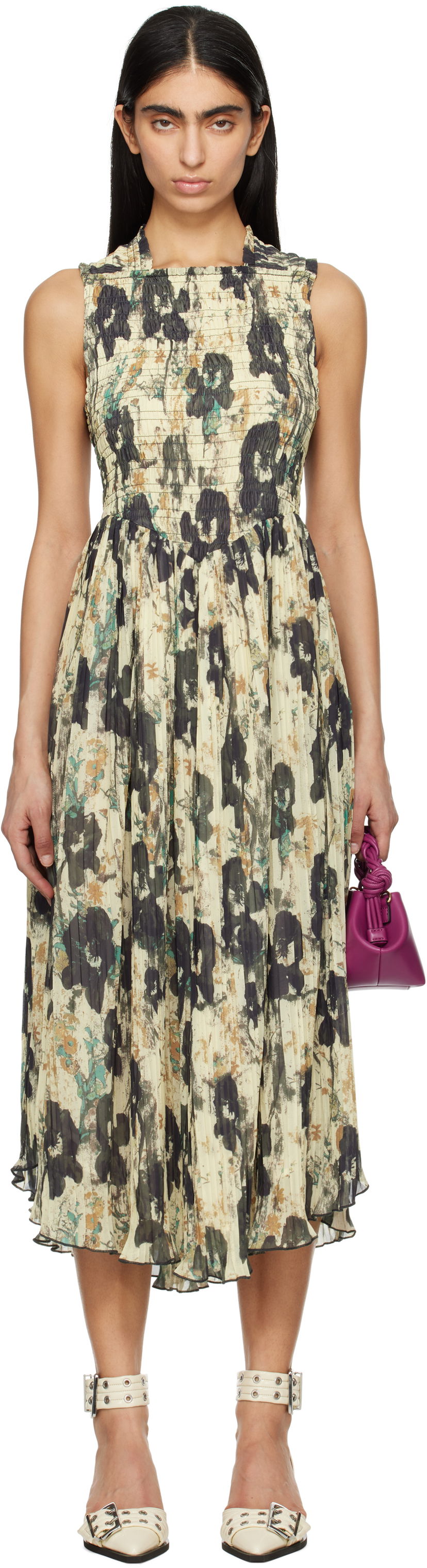 Kjole GANNI GANNI Printed Smocked Pleated Midi Dress Beige | W0209
