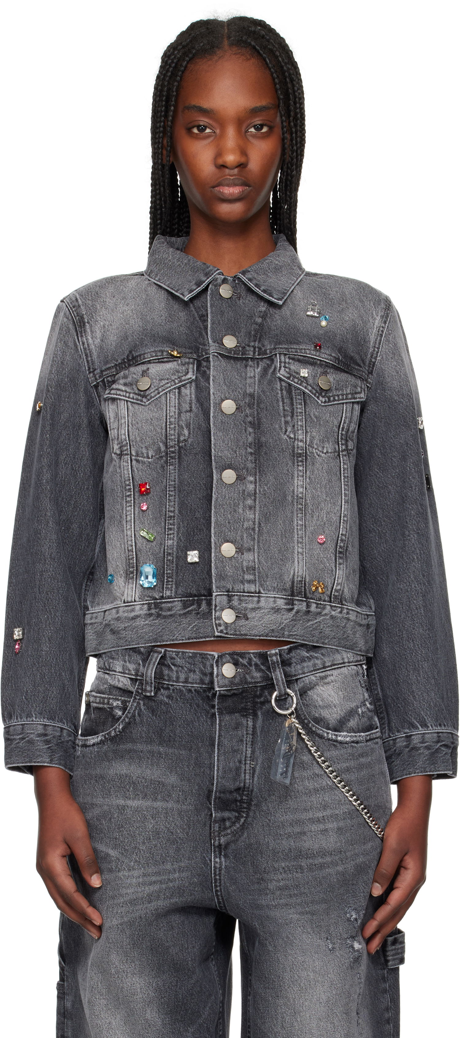 Jakke Marc Jacobs Marc Jacobs Fray Charm Shrunken Trucker Denim Jacket with Rhinestones Grå | 2S5RJC015D02, 0