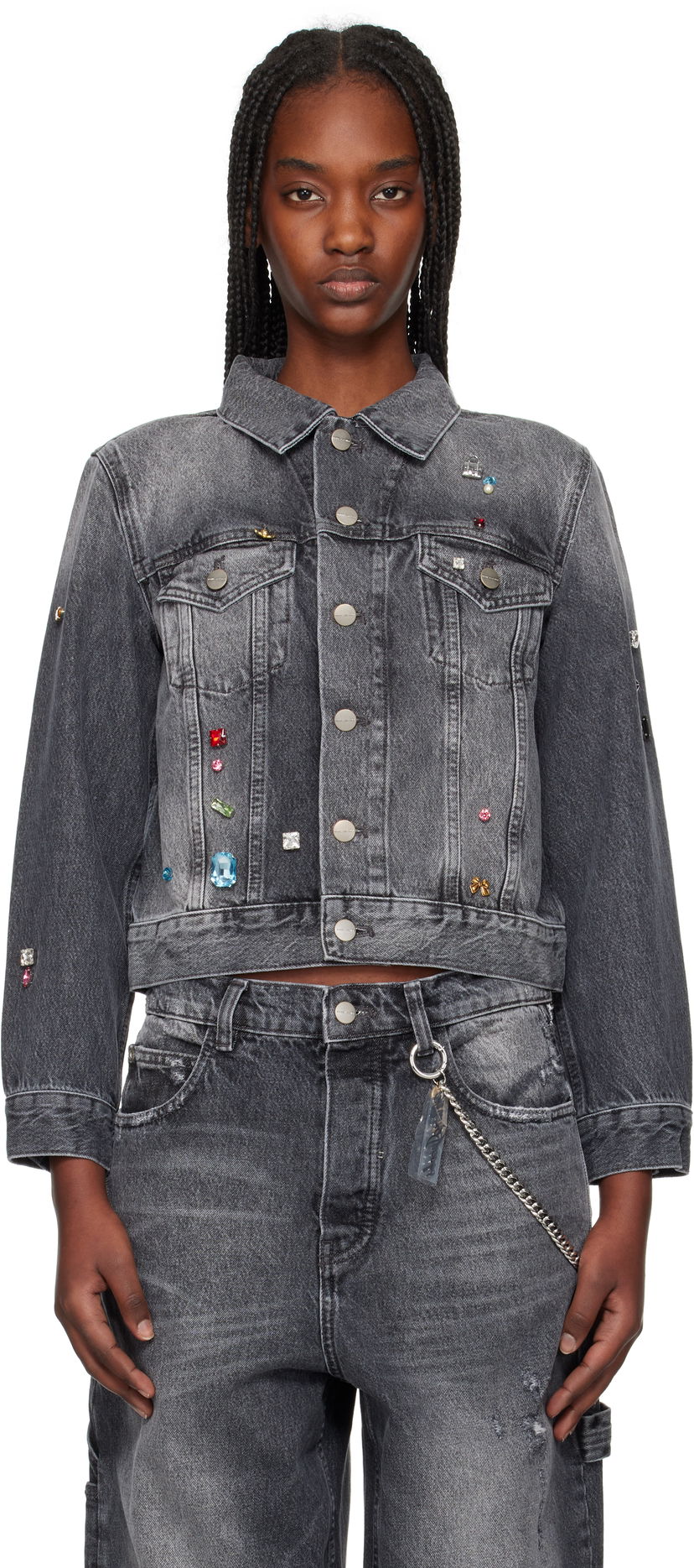Jakke Marc Jacobs Marc Jacobs Fray Charm Shrunken Trucker Denim Jacket with Rhinestones Grå | 2S5RJC015D02