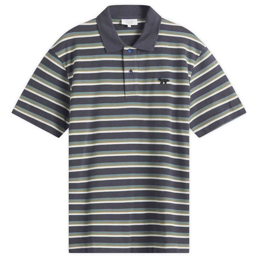 Polo skjorte MAISON KITSUNÉ Maison Kitsuné Profile Fox Patch Stripe Polo, Size Large Grå | OM00209KJ7010-P476