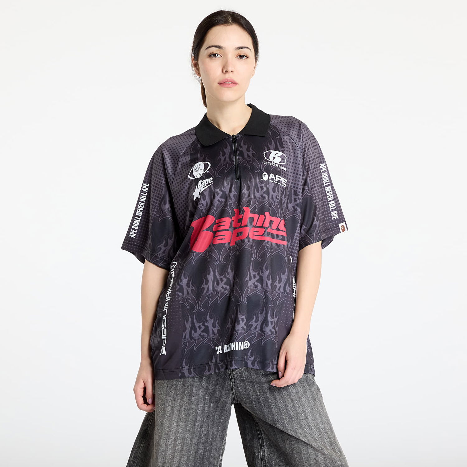 Polo skjorte BAPE A BATHING APE Flame Pattern Overall Print Half Zip Relax Fit Polo Shirt Sort | 001POL301304MBLK, 0