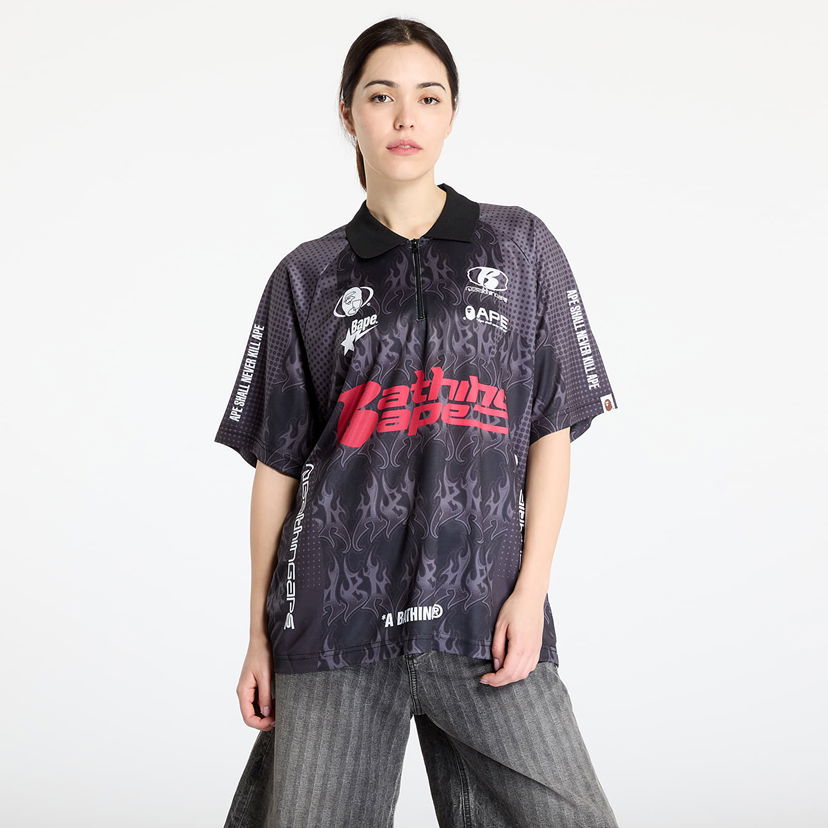 Polo skjorte BAPE A BATHING APE Flame Pattern Overall Print Half Zip Relax Fit Polo Shirt Sort | 001POL301304MBLK