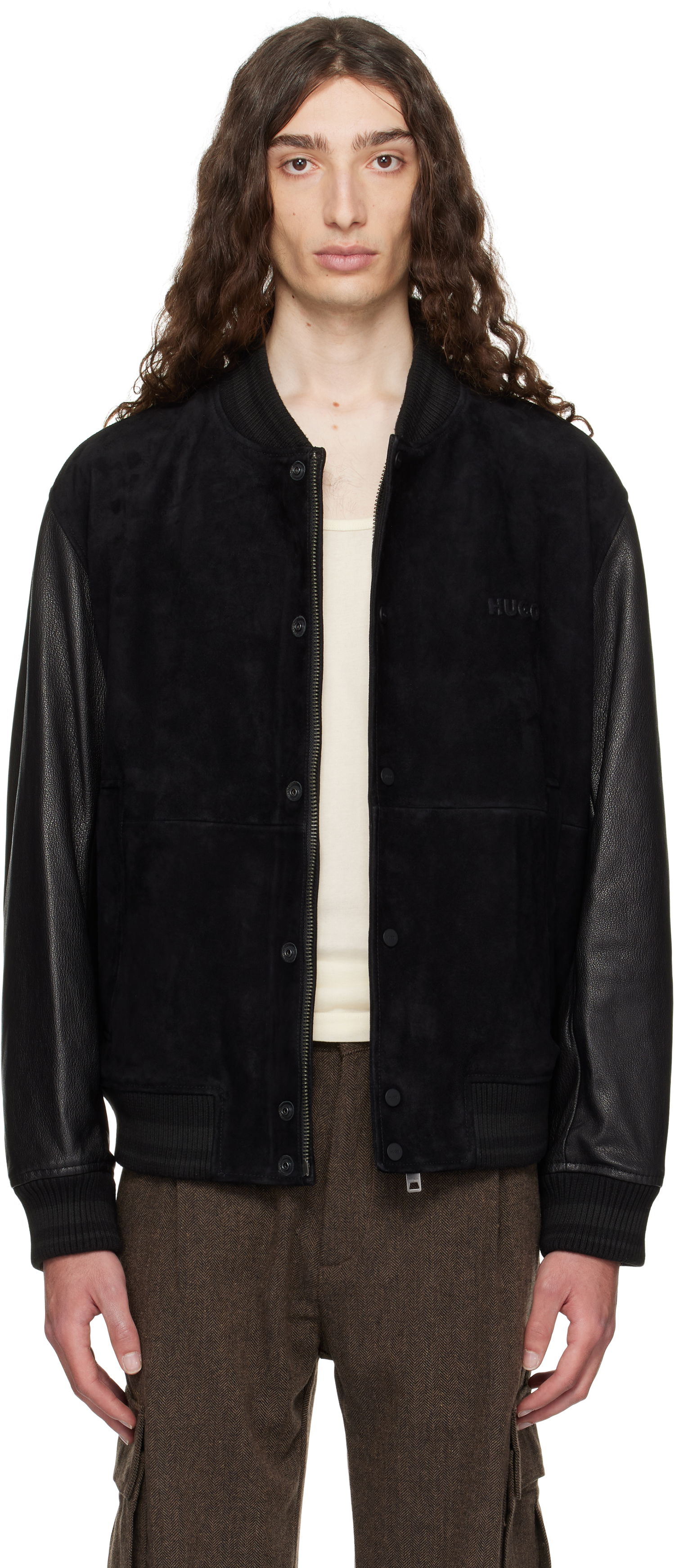 Bomberjakke BOSS Hugo Embossed-Logo Suede & Leather Bomber Jacket Sort | 50541881, 0