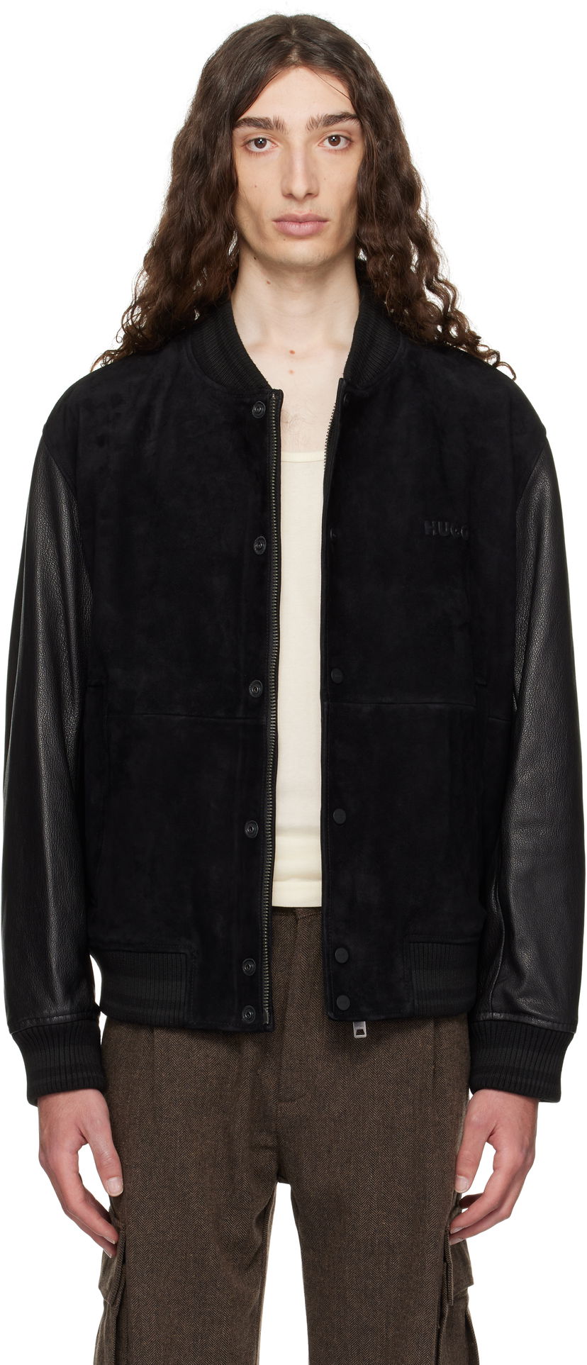 Bomberjakke BOSS Hugo Embossed-Logo Suede & Leather Bomber Jacket Sort | 50541881