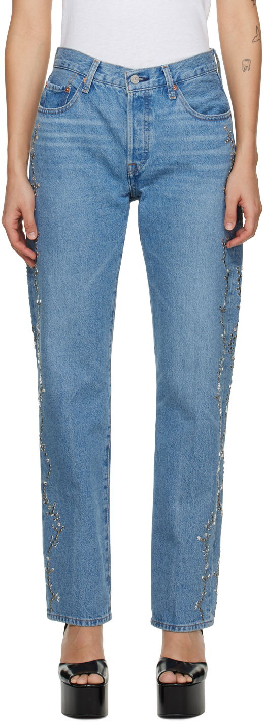 Jeans Anna Sui Exclusive Embroidered Straight Leg Jeans Blå | 0123F40