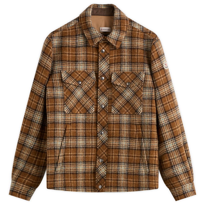 Skjorte Moncler Men's Stud Button Check Overshirt, Size Large Brun | 2F000-23-598X5-F22