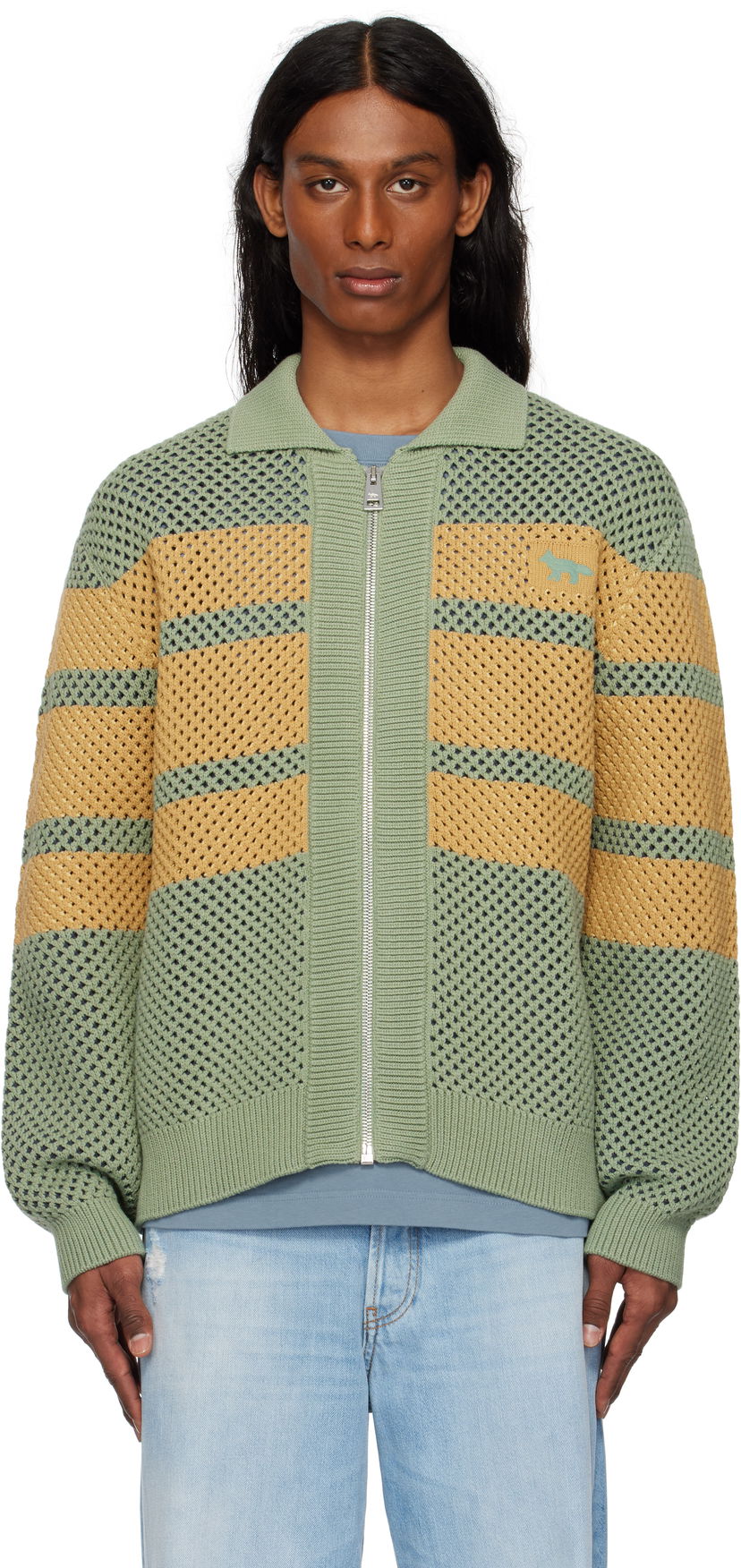 Jakke MAISON KITSUNÉ Maison Kitsuné Striped Mesh Blouson Jacket Grøn | OM02136KT1125