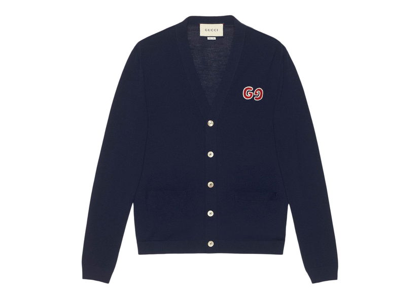 Sweater Gucci GG Logo Patch Cardigan Dark Blue Mørkeblå | 576815 XKA0W 4440