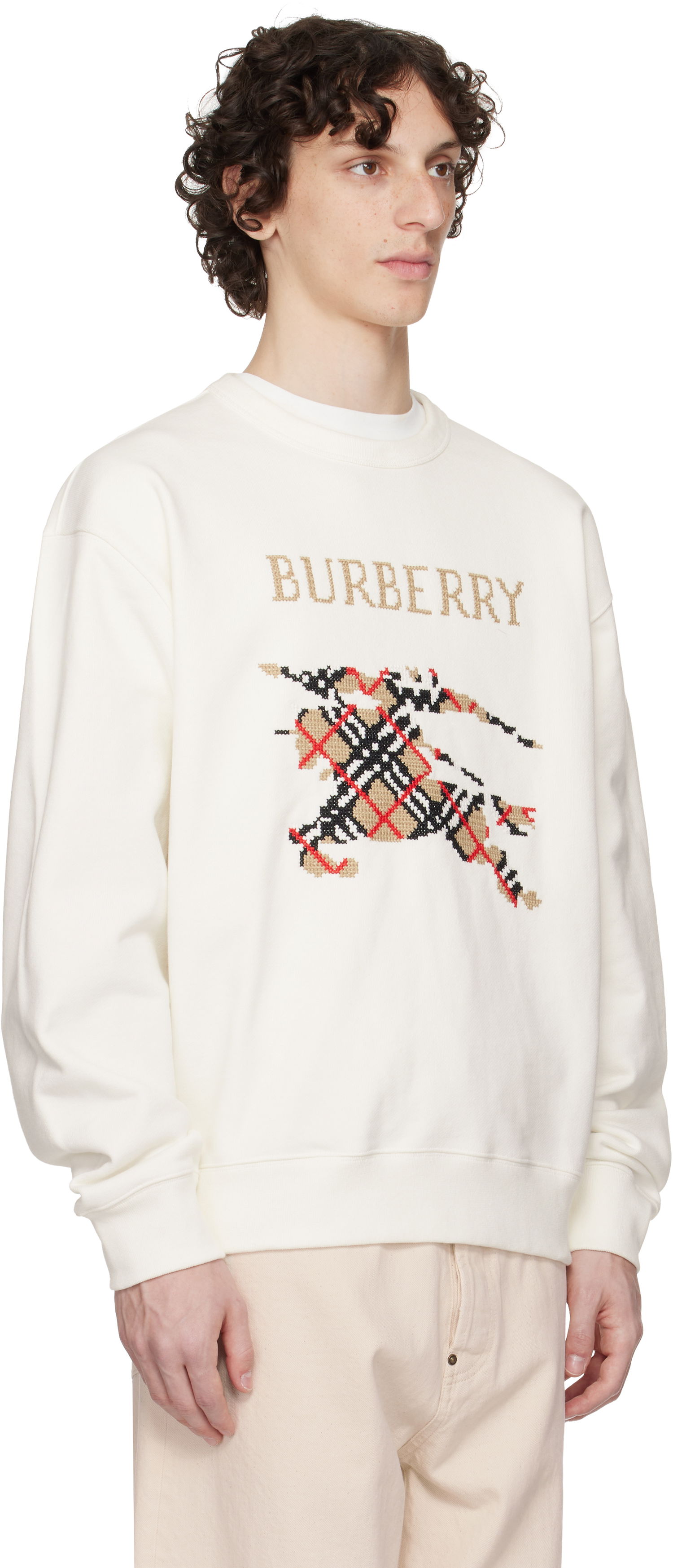 Sweatshirt Burberry Burberry Intarsia EKD Sweatshirt Hvid | 8110547, 1