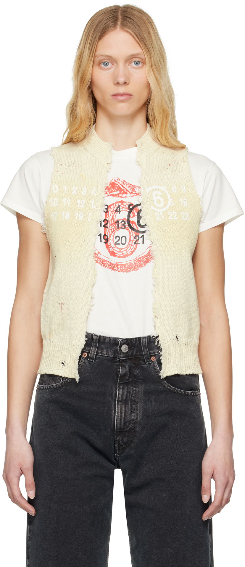 Sweater Maison Margiela MM6 Maison Margiela Open Cut Printed Vest Beige | S62FB0075 M13123
