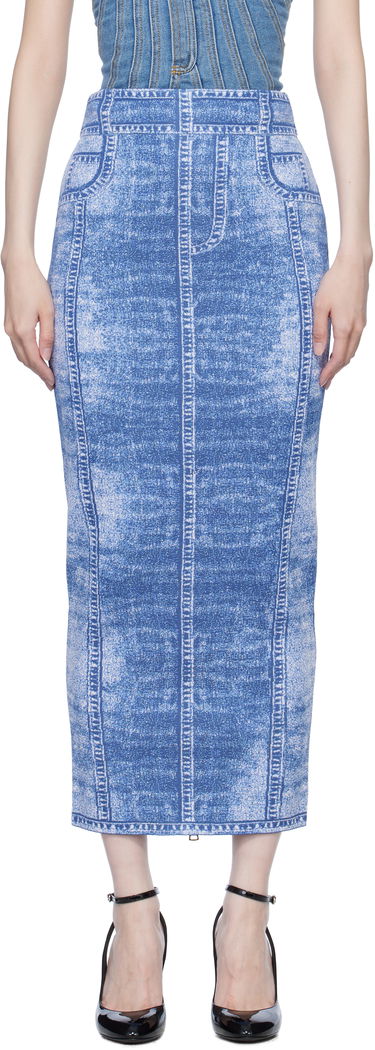 Nederdel Balmain Denim Effect Knit Midi Skirt Blå | EF1LD475KH80, 0