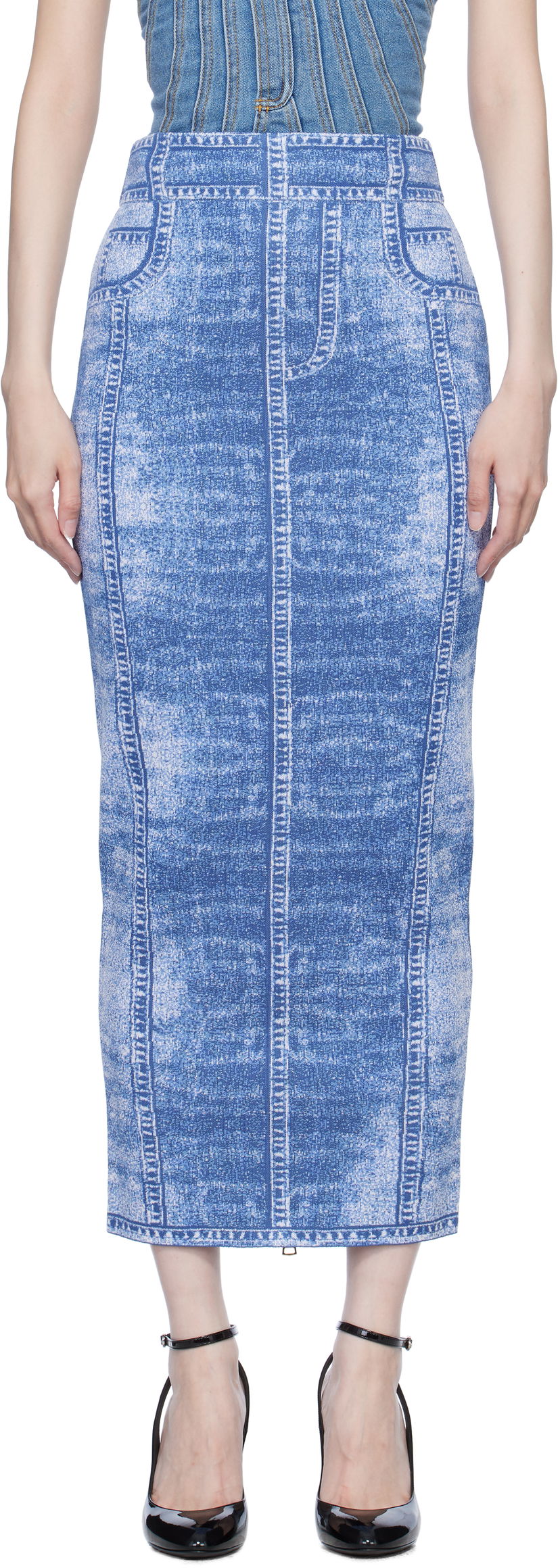Nederdel Balmain Denim Effect Knit Midi Skirt Blå | EF1LD475KH80