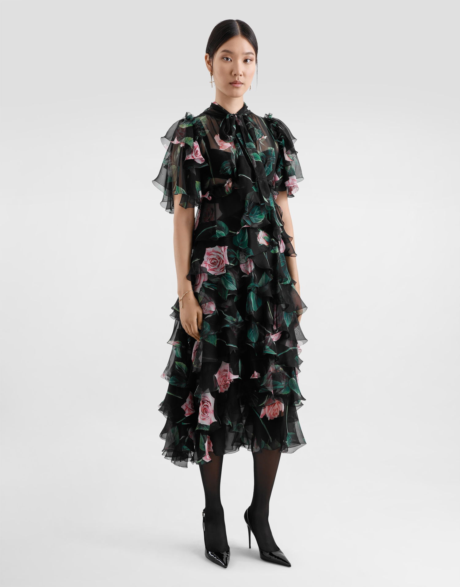 Kjole Dolce & Gabbana Dolce & Gabbana Rose Print Chiffon Calf-Length Dress with Ruffles Sort | F6B3ITIS1XAHN5IZ, 1