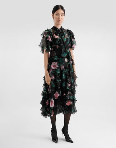 Kjole Dolce & Gabbana Dolce & Gabbana Rose Print Chiffon Calf-Length Dress with Ruffles Sort | F6B3ITIS1XAHN5IZ, 1