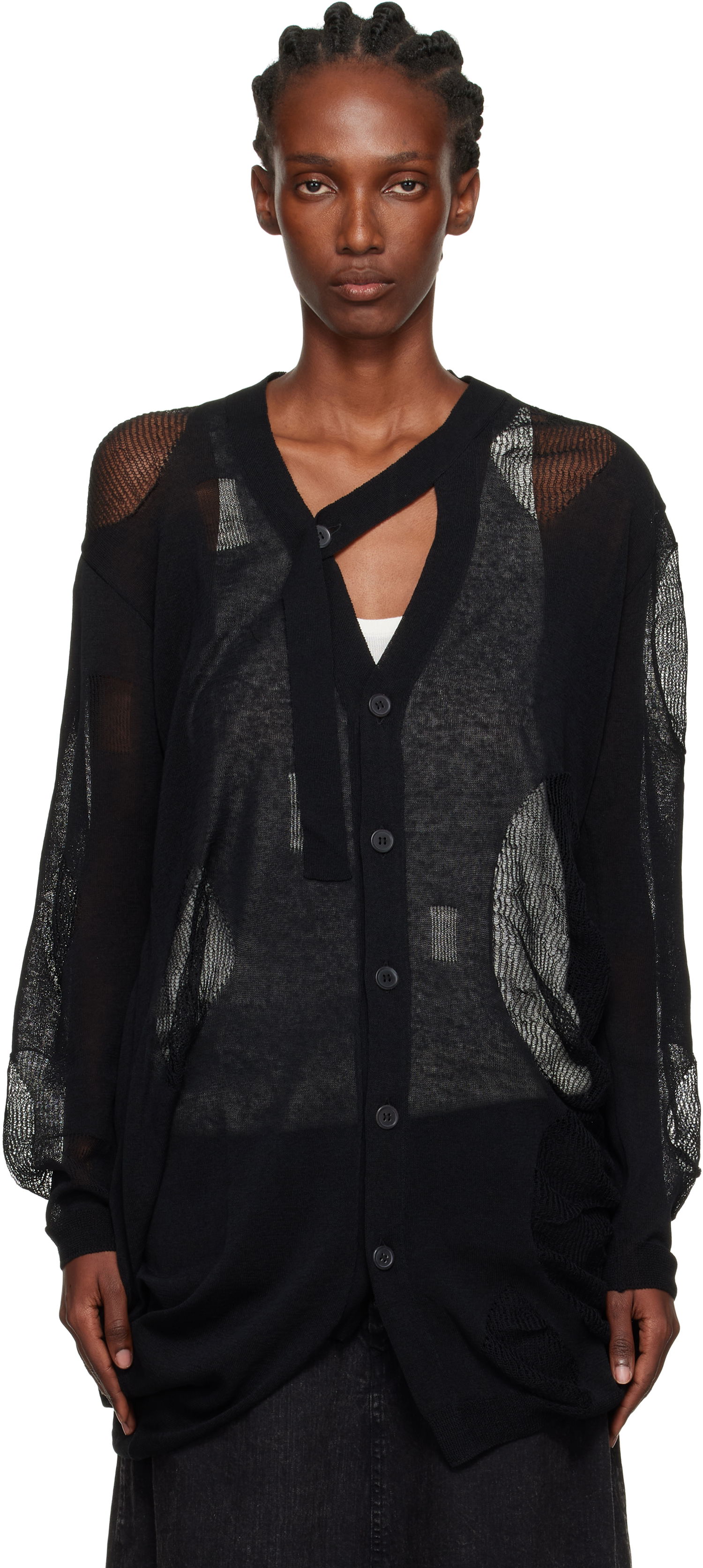 Sweater Yohji Yamamoto YOHJI YAMAMOTO Plain Stitch & Pattern Draped Cardigan Sort | FP-K12-982, 0
