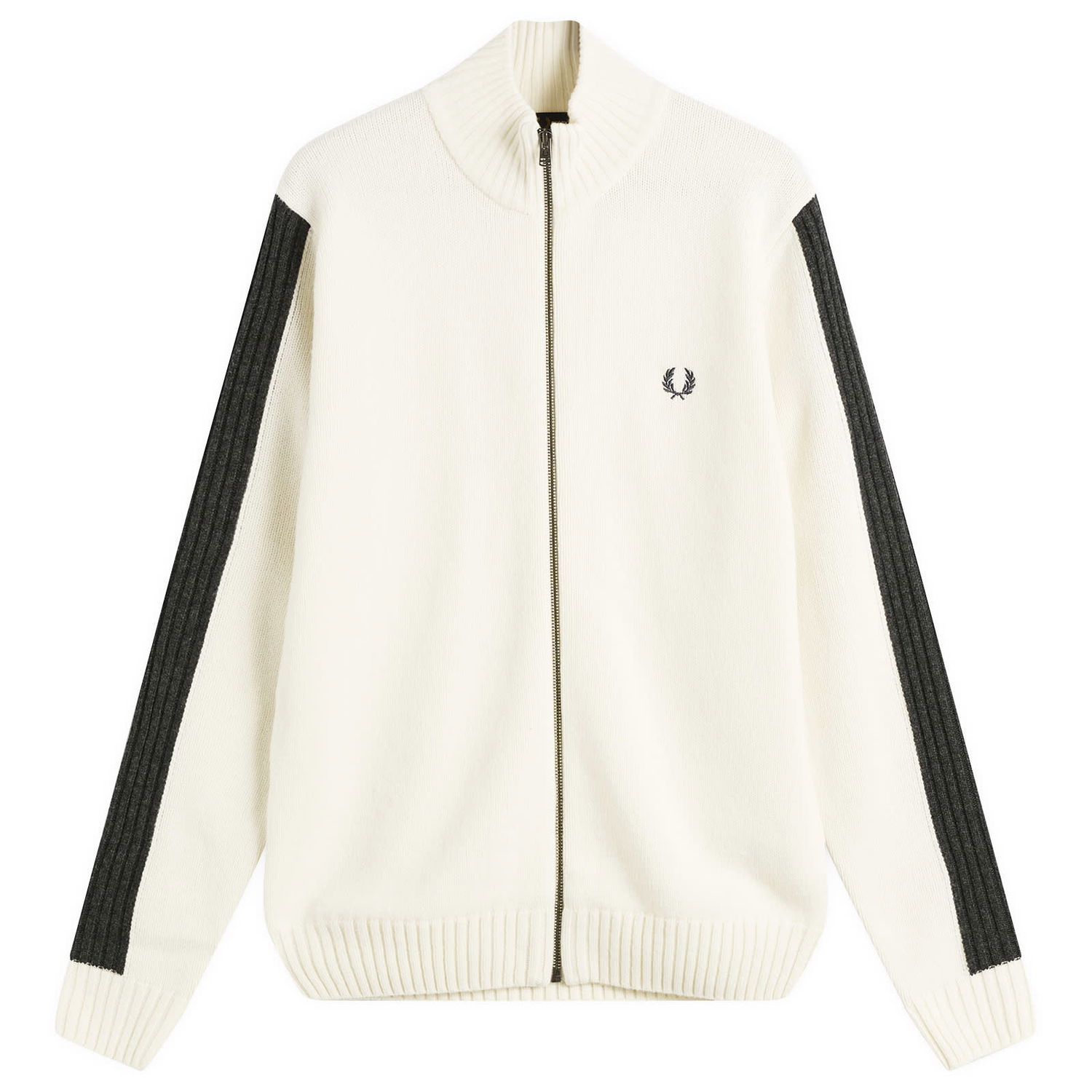 Sweater Fred Perry Full-Zip Mock Neck Knit Cardigan with Sleeve Stripes Hvid | K1546-560, 0