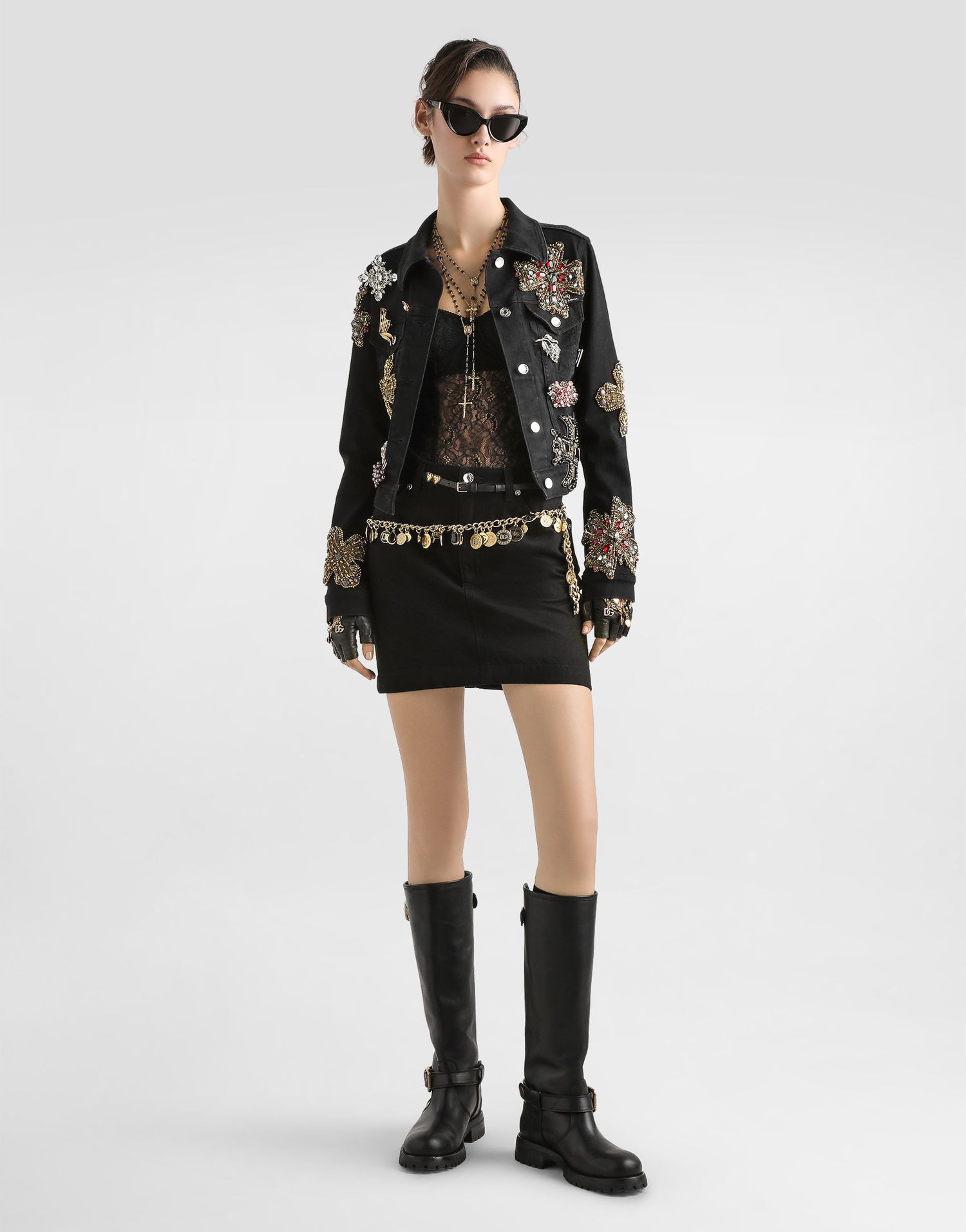 Jakke Dolce & Gabbana Dolce & Gabbana Embellished Denim Jacket Sort | F9S20ZG8NM9S9001, 1