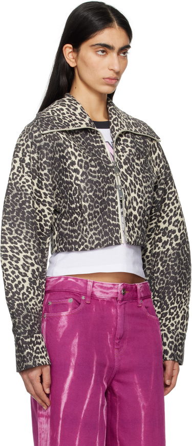 Bomberjakke GANNI Ganni Leopard Print Curve Sleeve Cropped Jacket Beige | W0235, 1