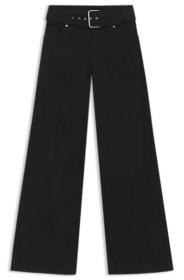 Bukser BOSS Belted Wide-Leg Stretch-Cotton Satin Trousers Sort | 50548143