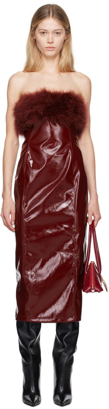 Kjole Blumarine Feather Trim Faux-Leather Midi Dress Bourgogne | A422A481A