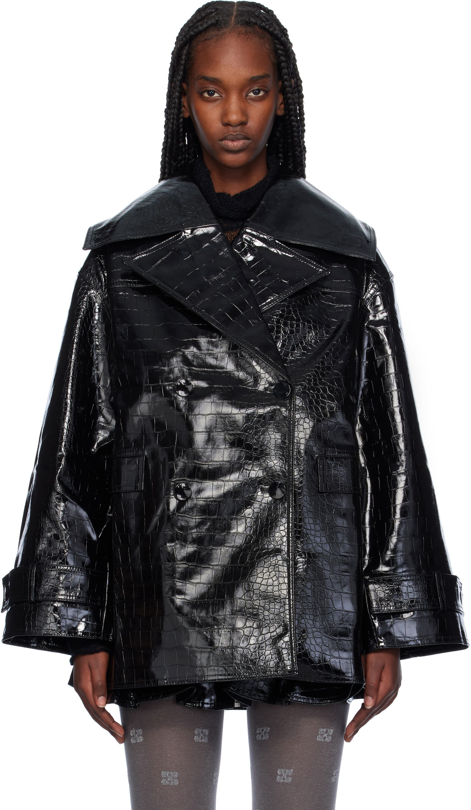 Trenchcoat GANNI Croc-Embossed Faux-Leather Blazer Sort | F9463, 0