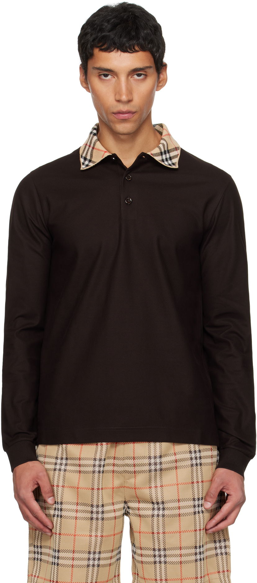 Polo skjorte Burberry Burberry Long Sleeve Polo with Check Collar Brun | 8116012