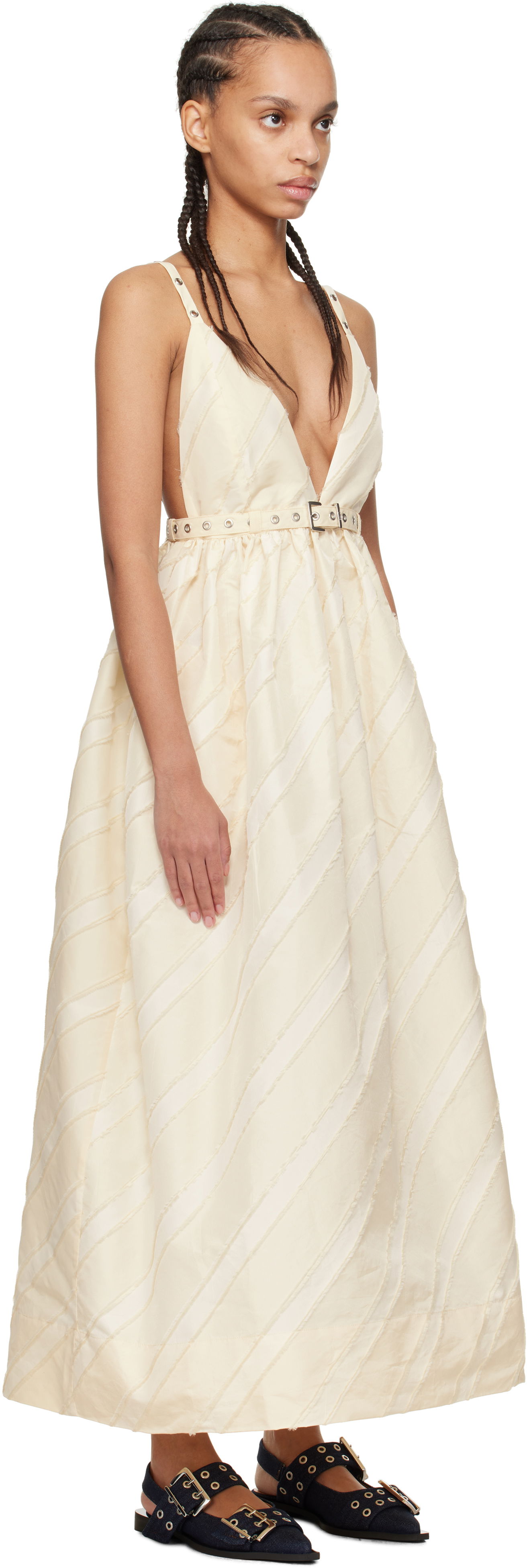 Kjole GANNI GANNI Stripe Strap Maxi Dress Beige | W0173, 1