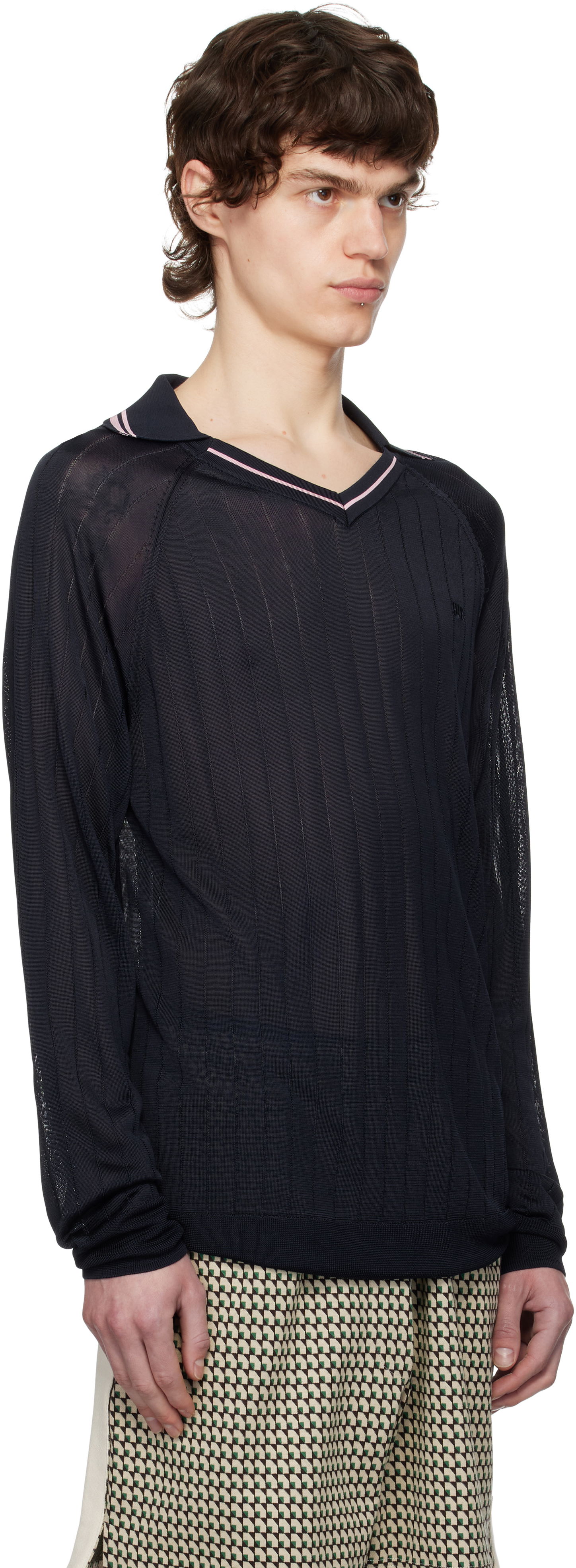 Sweater Wales Bonner Wales Bonner Roots Knit Polo Mørkeblå | MS25KN33-KN08-599 BRIGHT RAYON, 1