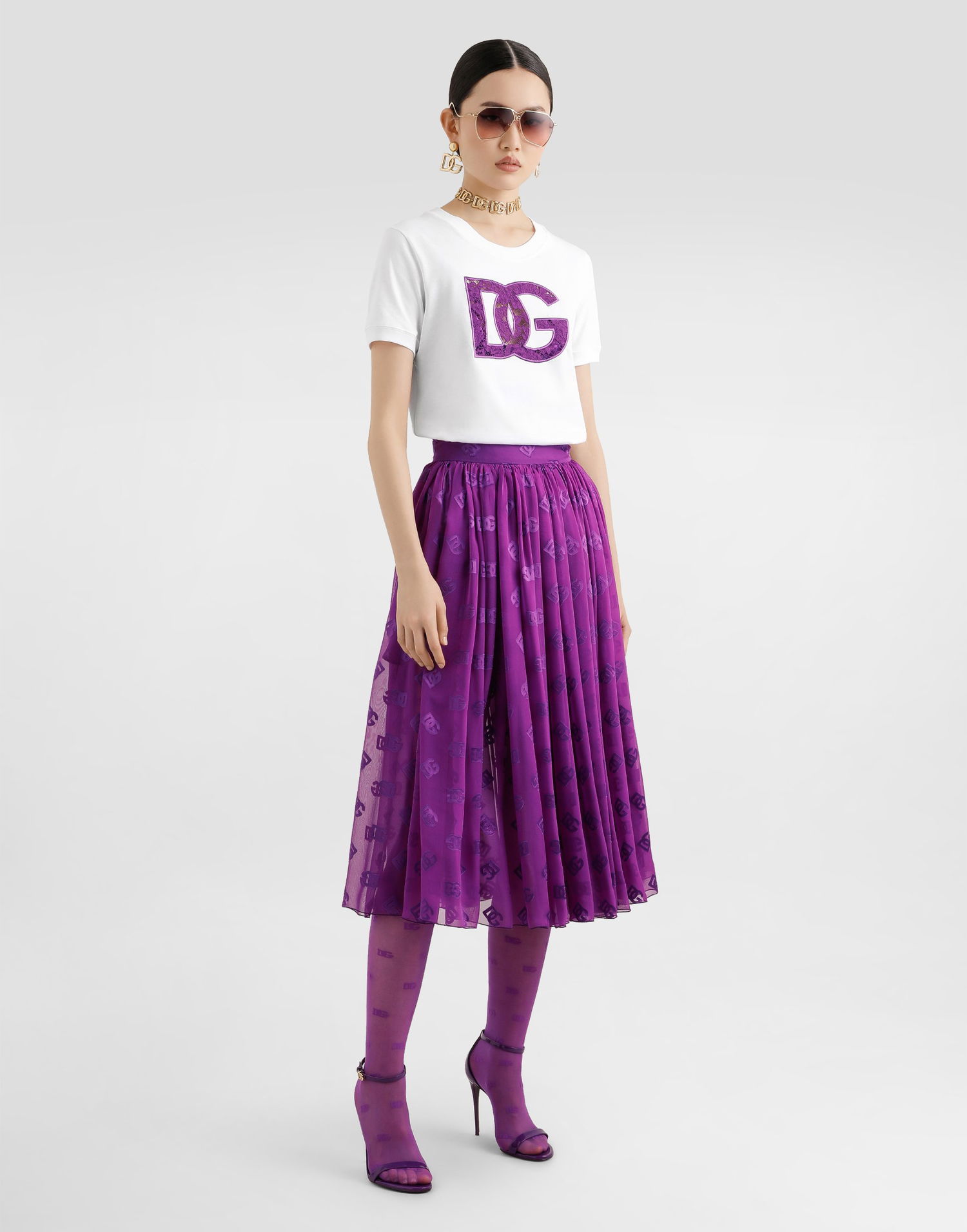 Nederdel Dolce & Gabbana Dolce & Gabbana Devoré Satin Jacquard Pleated Midi Skirt Lilla | F4CJATFJTBRF0571, 1