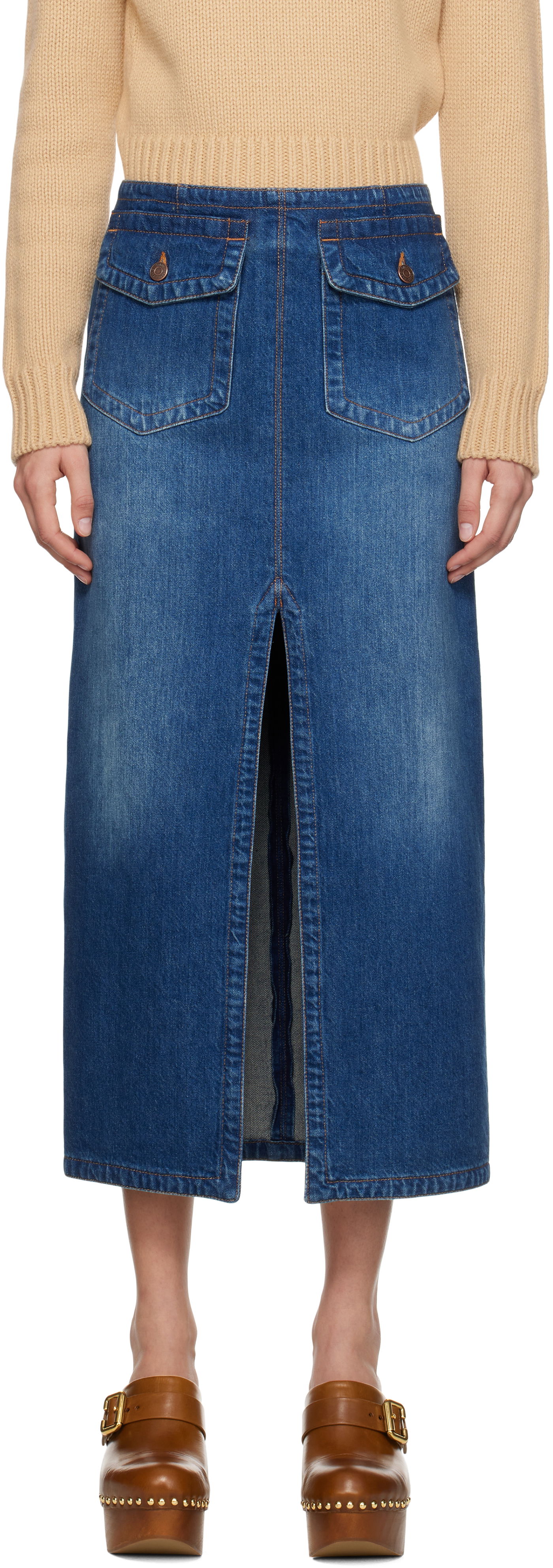 Nederdel CHLOÉ Front-Slit Denim Midi Skirt Blå | CH24WDJ01150, 0
