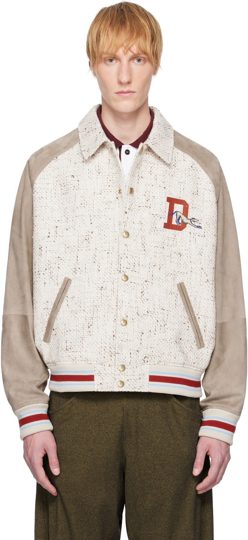 Bomberjakke Drôle de Monsieur Drôle De Monsieur 'Le Bomber Tweed' Leather Bomber Jacket Beige | G-JT220-CO181-EC