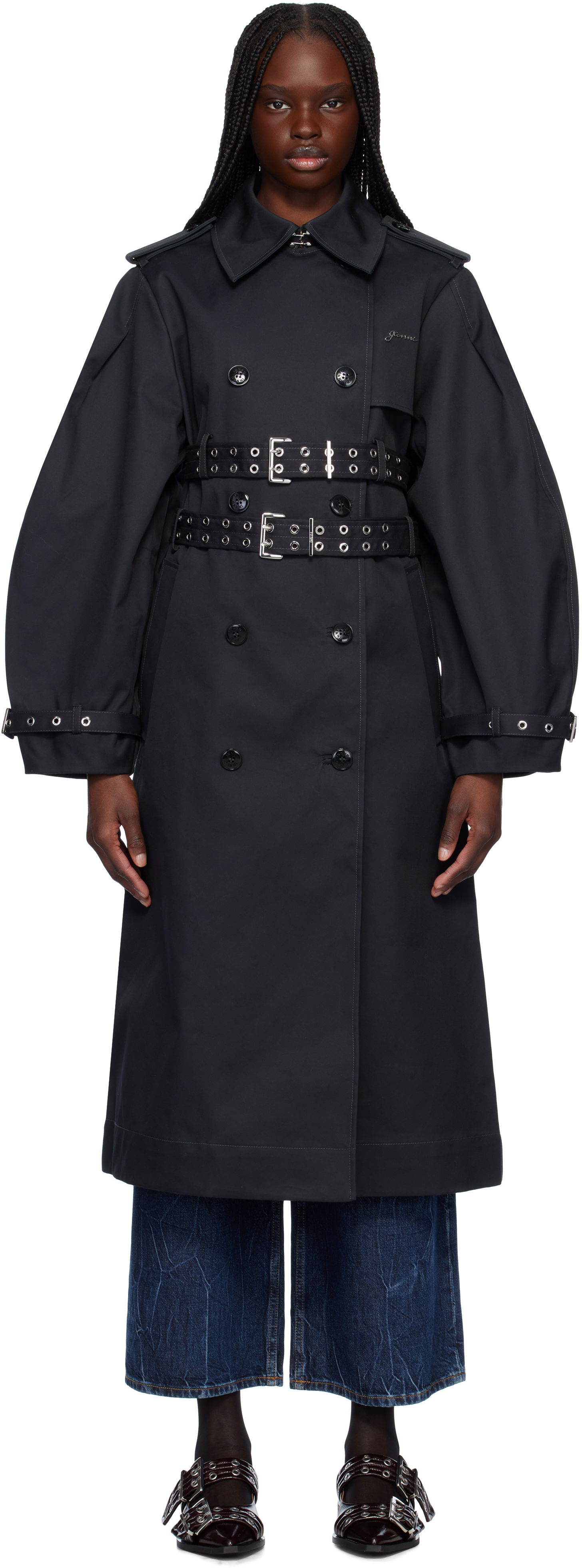 Trenchcoat GANNI Ganni Bonded Cotton Trench Coat Sort | W0395, 0