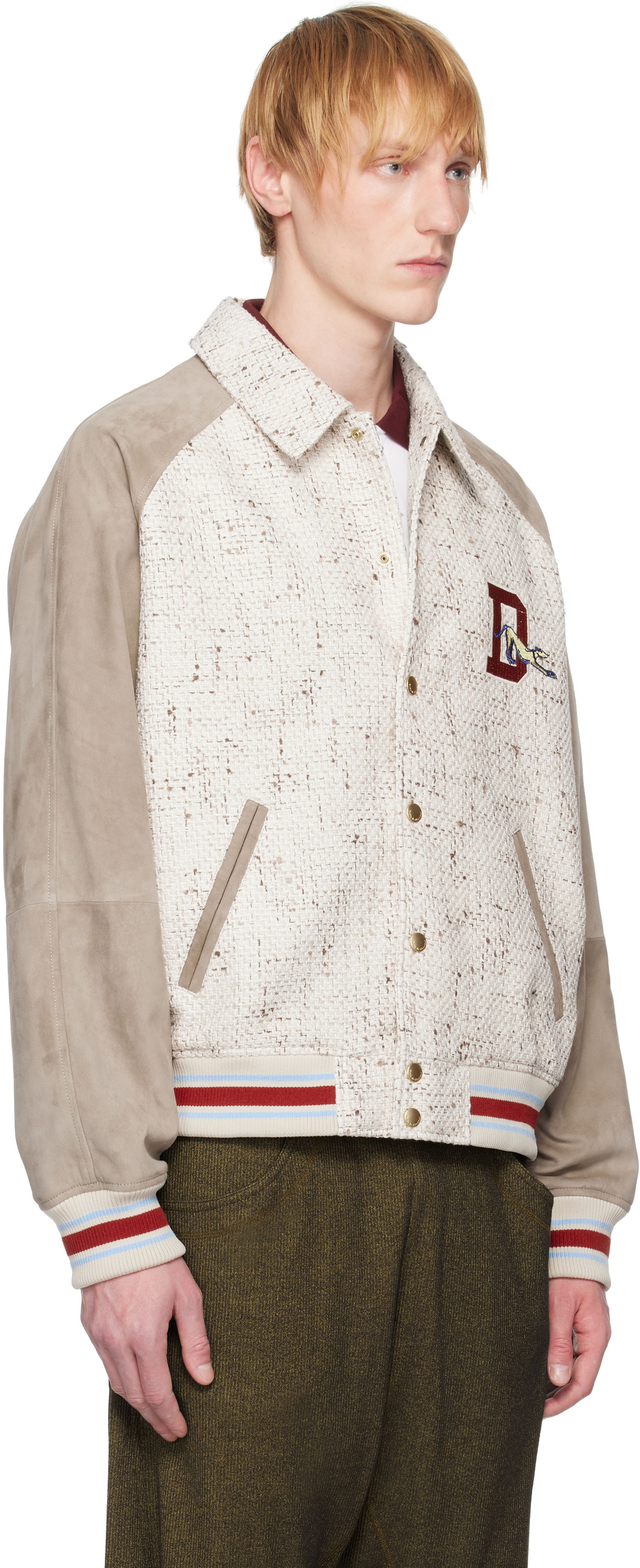 Bomberjakke Drôle de Monsieur Drôle De Monsieur 'Le Bomber Tweed' Leather Bomber Jacket Beige | G-JT220-CO181-EC, 1