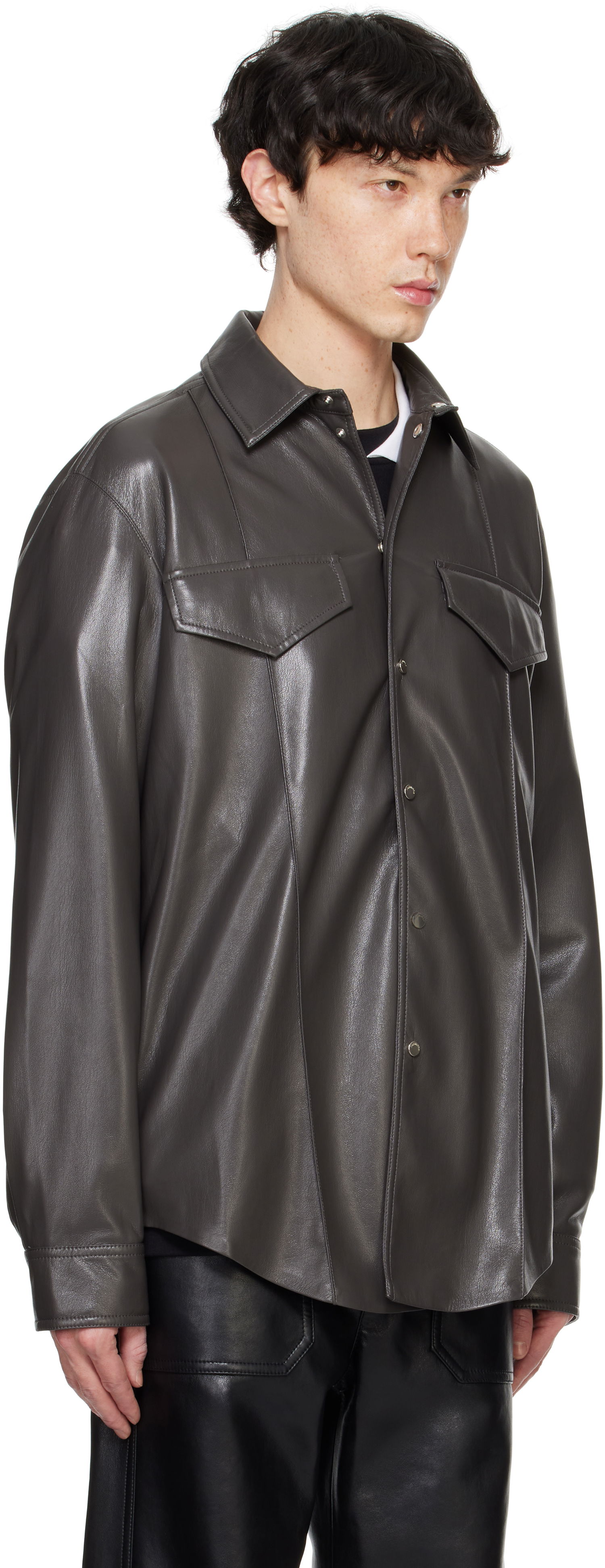 Skjorte Nanushka Nanushka Olavi Vegan Leather Button-Up Shirt Grå | NM24FWSH04569, 1