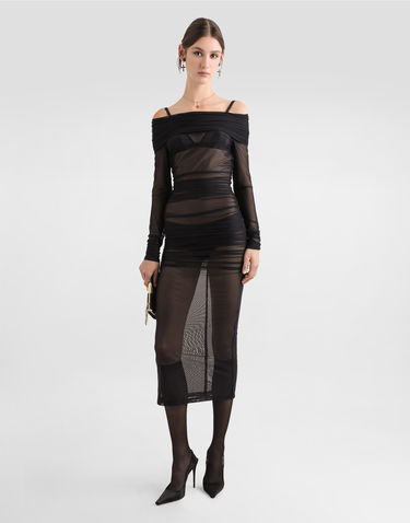 Kjole Dolce & Gabbana Dolce & Gabbana Draped Tulle Calf-Length Dress Sort | F6TLSTFLRC2N0000, 1