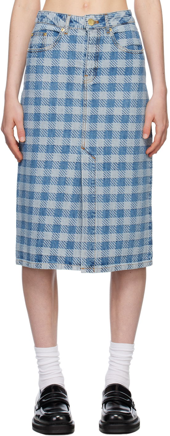 Nederdel AMI AMI Paris Gingham Denim Midi Skirt Blå | FSK211.DE0010