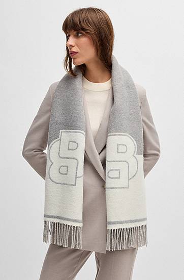 Tørklæde BOSS Wool Blend Scarf with Double B Monogram Grå | 50533865, 1