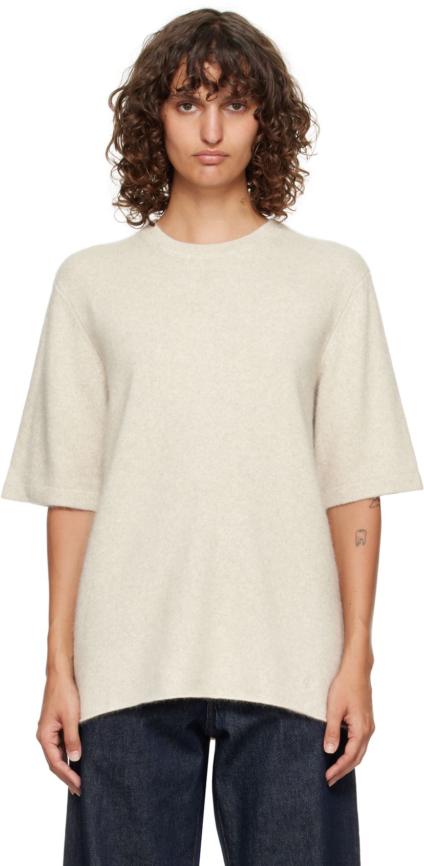 Sweater Loulou de Saison Loulou de Saison Raven Yak Blend Short Sleeve Sweater Beige | RAVEN